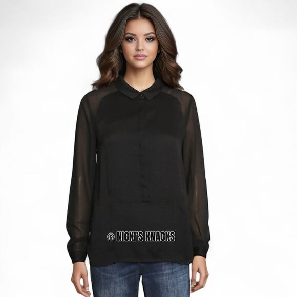 Anthropologie See U Soon Sheer Sleeve Black Collared Button Blouse Size XS - Picture 9 of 10